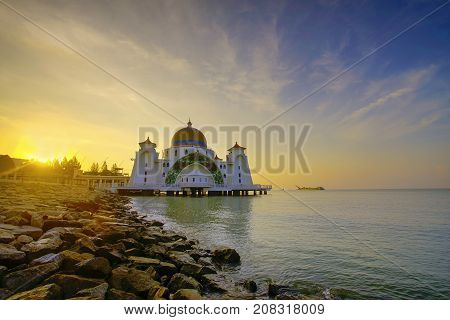 Majestic View Of Malacca Straits Mosque During Sunset