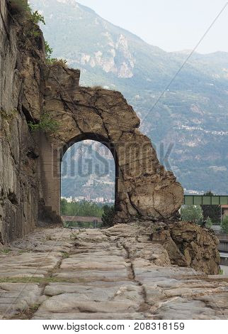 Ancient Roman Road Arch In Donnas