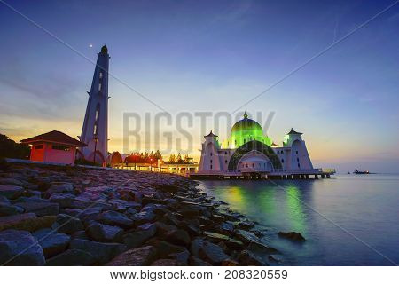 Majestic View Of Malacca Straits Mosque During Sunset