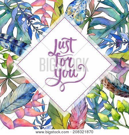 Tropical Hawaii leaves frame in a watercolor style. Aquarelle wild flower for background, texture, wrapper pattern, frame or border.