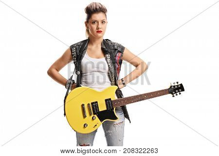 Angry female punker with an electric guitar isolated on white background