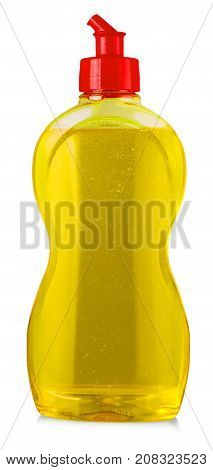 orange plastic bottle with liquid laundry detergent cleaning agent bleach or fabric softener isolated on white background