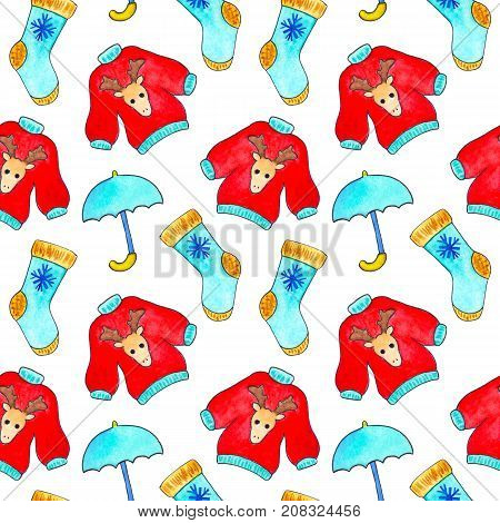 Cozy Autumn watercolor seamless pattern with white background. Fall seasonal seamless pattern tile. Autumn knit wear pattern tile