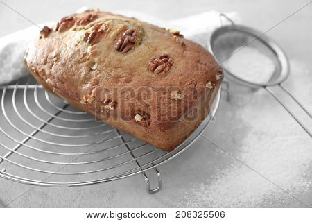 Tasty banana nut bread on table