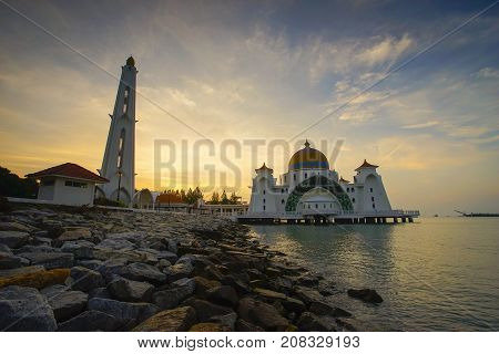 Majestic View Of Malacca Straits Mosque During Sunset