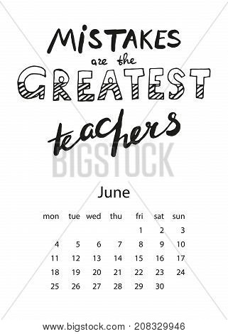 Calendar 2018 with motivational lettering. For print, decor and creative design. Vector illustration. Mistakes are the greatest teachers
