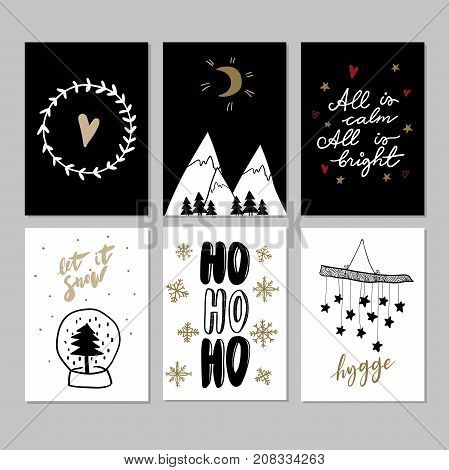 Set of doodle Christmas greeting cards. Vector hand drawn cute icons. Scandinavian style. Xmas tree, mountains, garland, snow globe and lettering. New Year scrapbooking. Holiday festive party.