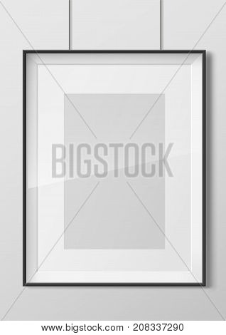 Vertical black thin photo frame with transparent glass. Frame picture or certificate. Vector Blanket for interior prints