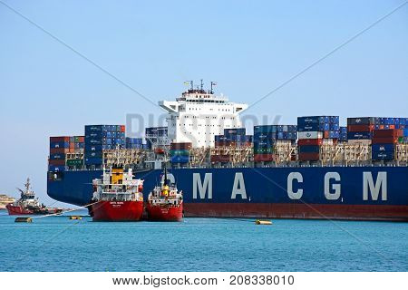 BIRZEBBUGA, MALTA - APRIL 1, 2017 - Container ship Callisto docked in the port Birzebbuga Malta Europe, April 1, 2017.