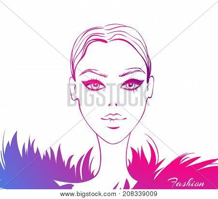 Vector fashion model. Beauty face. Beautiful sketch illustration in vogue style. Stylish young woman face. Trendy design. Fashionable girl. Cute lady. Female portrait. Glamour graphic.