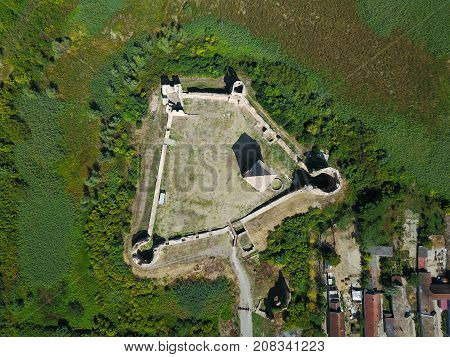 Air view of ruins of Bac fortress in Serbia walls and donjon tower