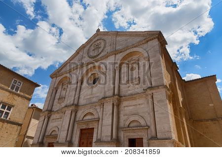 Pienza, Italy - May 27, 2017: Heritage building of Santa Maria Assunta Cathedral - Val d'Orcia, Tuscany, Italy.