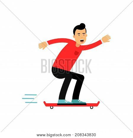 Smiling teen boy scateboarding, active lifestyle vector Illustration on a white background