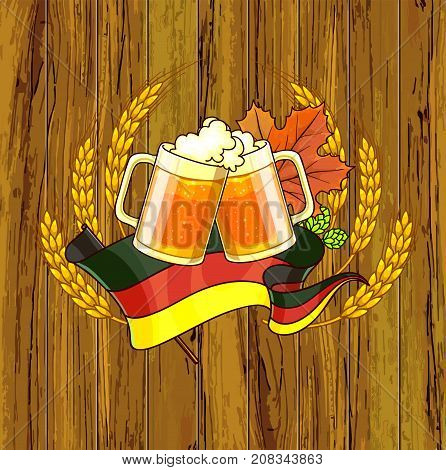 Octoberfest festival cartoon design with glass of beer, ears. Vector Illustration.