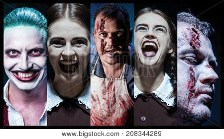 The crazy clown holding a knife on dack. Halloween concept of horror and murderer. collage