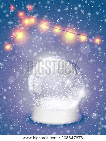 Snow Globe Christmas Magic Ball With Yellow Lights Background. Xmas Snowglobe Greeting Card Vector I