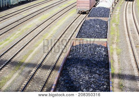 rail cars loaded with coal, a train transports coal. Many different rail cars