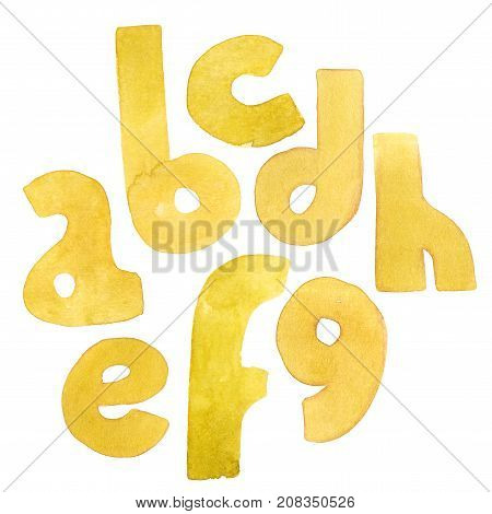 Large grainy watercolor bright letters. Bold alphabet sequence from A to H. Bright yellow font.