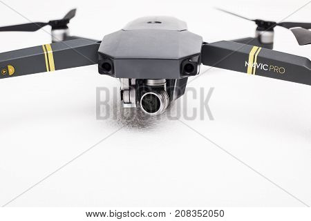 DJI Mavic Pro drone: ISRAEL, OCTOBER 2, 2017. Closeup, on white background. One of the most portable drones in the market, with 4k ultra hd.