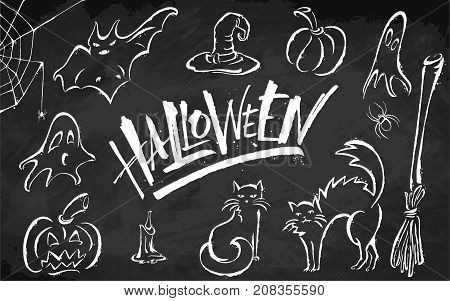 Halloween clipart set on blackboard background. Hand drawn pictures, vector illustration. Template for banners, posters, merchandising, cards or photo overlays.