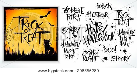 Halloween lettering set with card sample. Hand drawn pictures, vector illustration. Template for banners, posters, merchandising, cards or photo overlays.