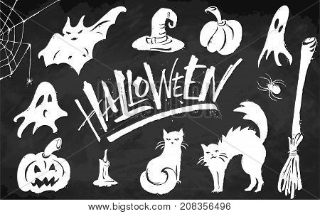 Halloween clipart set on blackboard background. Hand drawn pictures, vector illustration. Template for banners, posters, merchandising, cards or photo overlays.