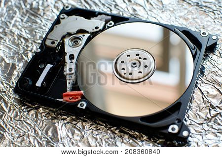 Inside of computer hard disk drive close up HDD