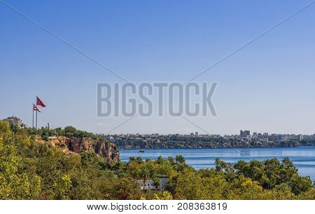 Panoramic view on Antalya city old town Kaleici and Mediterranean Sea from the Beach park. Antalya Turkey.