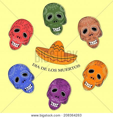 Mexican Dia de los Muertos. Collection of the Day of the Dead sugar skulls calavera in different colours
