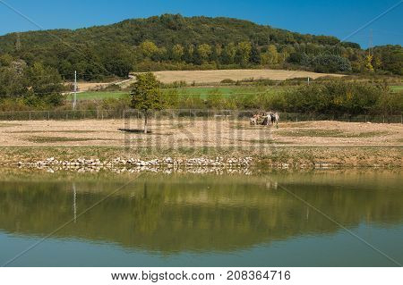 Rural umbrian landscape with lake, Italy, europe