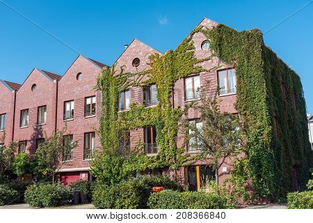 Red brickwall serial houses seen in Berlin, Germany