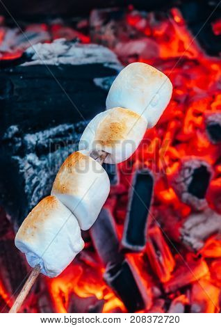 Set of sweet marshmallows roasting over red fire flames. Marshmallow on skewers roasted on charcoals.