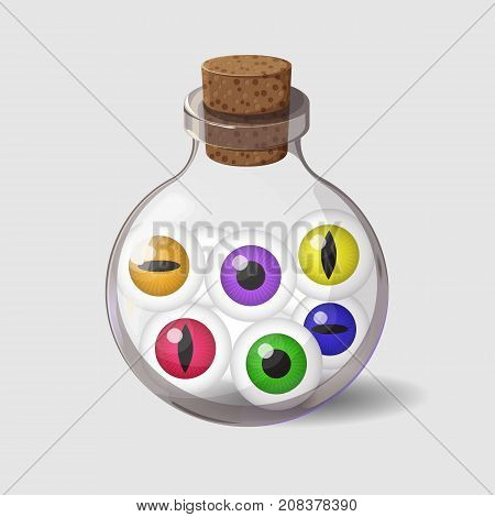 Bottle with eyes. Game icon of magic ingredient in simple cartoon style. Bright design for app user interface. Life, love, blood, rage, fury, damage. Vector illustration. Icons Collection.