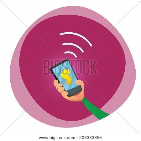 Hand holding mobile phone. Mobile payments.Transaction and paypass and NFC. Vector cartoonillustration