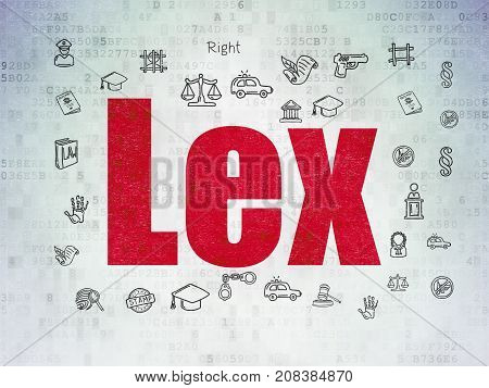 Law concept: Painted red text Lex on Digital Data Paper background with  Hand Drawn Law Icons