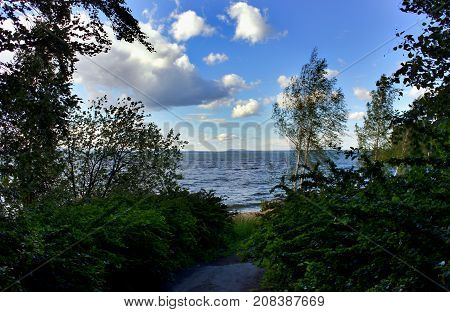 wooded shore of the lake on a background of blue cloudy sky, South Ural, Uvildy