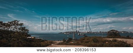 Wonderful view of the city of Vladivostok from the island of Russian. Beautiful panorama