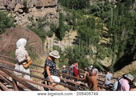 21ST JULY 2017, CAPPADOCIA, IHLARA CANYON, TURKEY: Tourists visiting and going to the bottom of the Ihlara canyon in Cappadocia in turkey, 21st july 2017