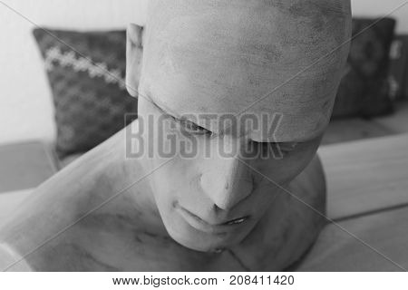 29TH JULY 2018, FETHIYE, TURKEY: A clay model of a males head and shoulders as a piece of décor at a hotel in fethiye, turkey, 29th july 2017