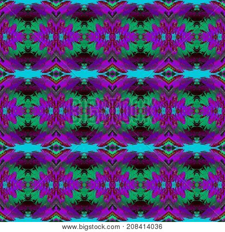 Abstract geometric seamless background. Regular floral pattern purple, violet, light blue, turquoise and dark brown, ornate and conspicuous.