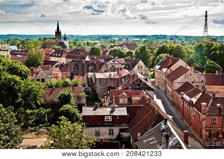Aerial view of latvian city Kuldiga. Street architecture panorama. Kuldiga is a small town in western Latvia