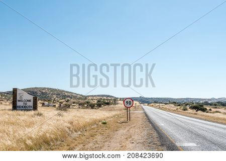 A welcome sign at the entrance to Rehoboth a town in the Hardap Region of namibia