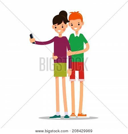 Man and woman do selfie. Friends do joint self-portrait photograph. Happy smiling young man and women taking selfie photo. Illustration in flat style. Isolated. Vector.