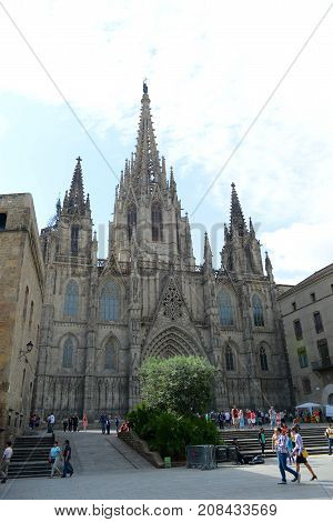 BARCELONA - JUN. 9, 2013: Cathedral front facade, Old Town Barcelona, Spain. Barcelona Cathedral of the Holy Cross and Saint Eulalia was built in 14th century in Old City Ciutat Vella Barcelona.