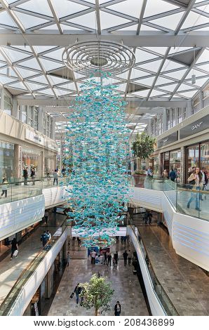 Istanbul Turkey - April 15 2017: Interior of Aqua Florya Shopping and Life Center suited in Florya neighborhood Bakirkoy with people visiting the place at the morning