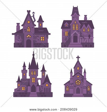 Four Halloween Buildings Flat Illustration. Witch Hut, Haunted House, Vampire Castle And Cemetery Ch