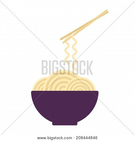 Bowl with ramen noodles. Chopsticks holding noodle. Korean Japanese Chinese food. Vector illustration