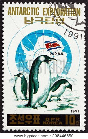 NORTH KOREA - CIRCA 1991: a stamp printed in North Korea shows Penguins Antartic Exploration circa 1991