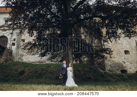 Beautiful Gorgeous Bride And Groom Posing Outdoors. Happy Wedding Couple Hugging And Embracing At Ol