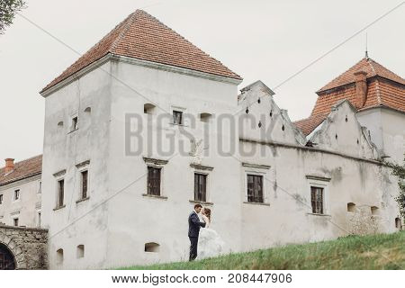 Beautiful Gorgeous Bride And Groom Posing Outdoors. Happy Wedding Couple Hugging And Embracing At Ol